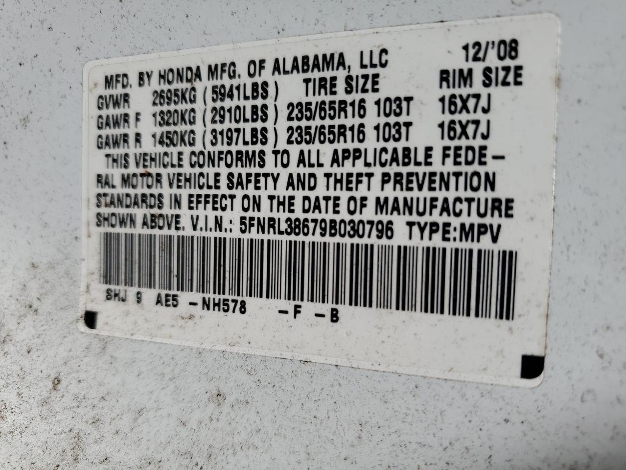 2009 Honda Odyssey Exl VIN: 5FNRL38679B030796 Lot: 58168834