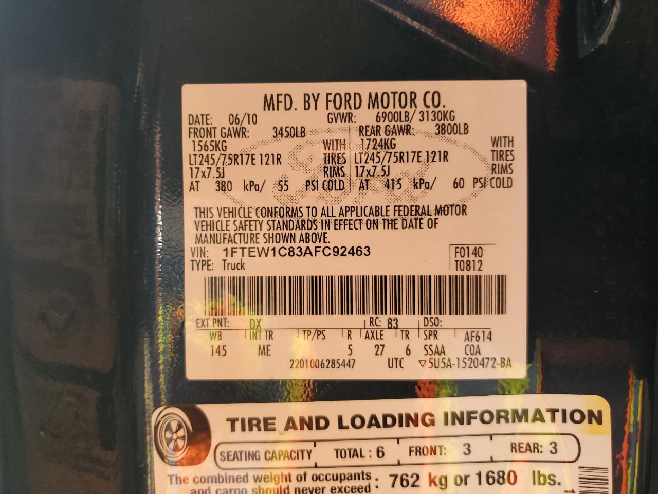 2010 Ford F150 Supercrew VIN: 1FTEW1C83AFC92463 Lot: 58545984