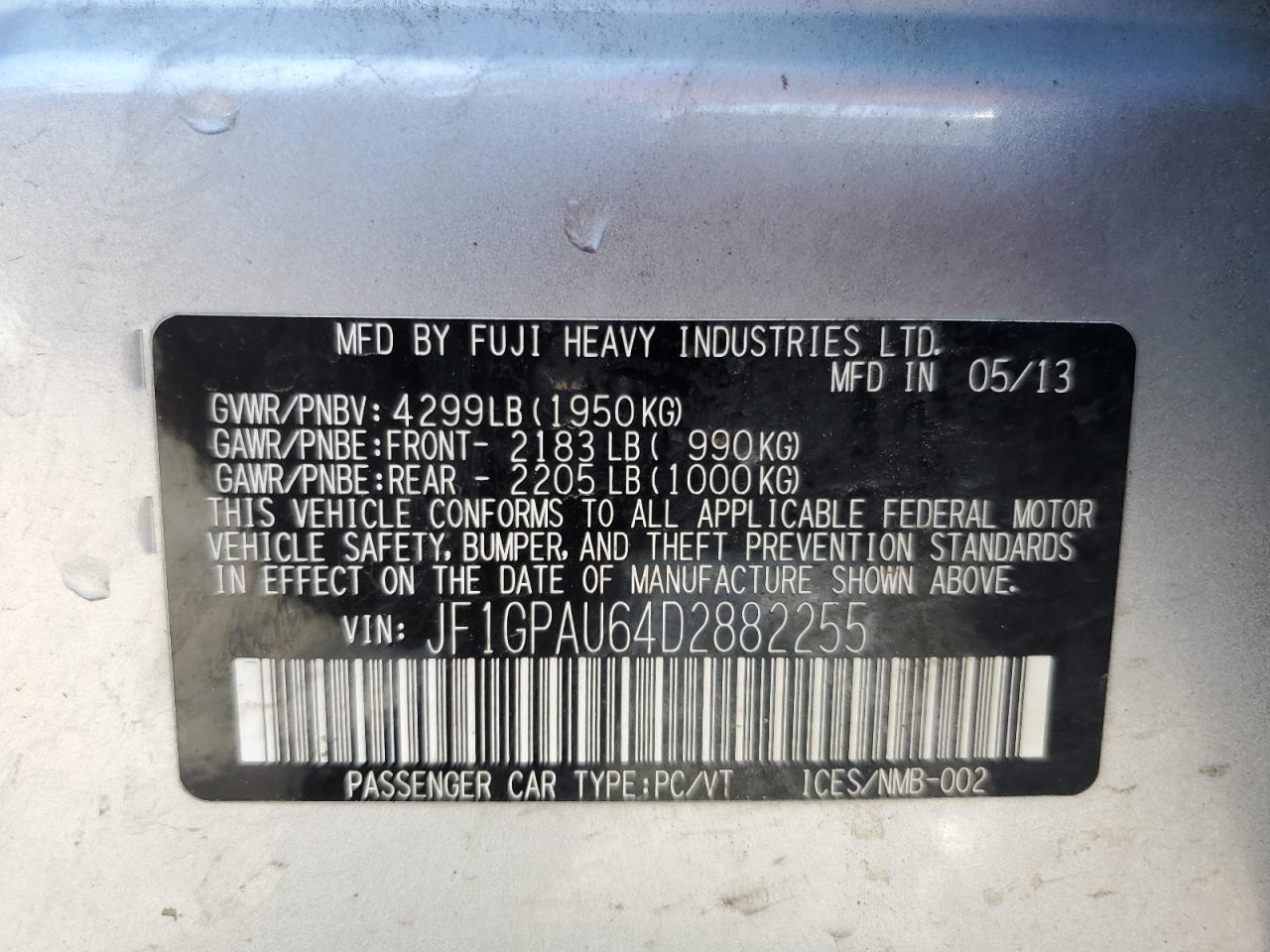 2013 Subaru Impreza Sport Limited VIN: JF1GPAU64D2882255 Lot: 60418314