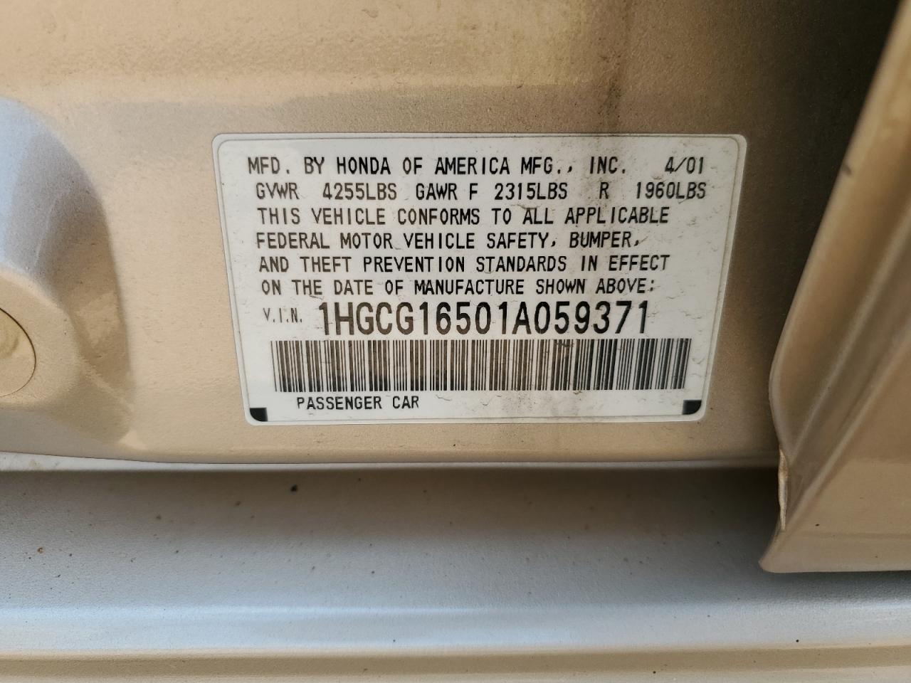 2001 Honda Accord Ex VIN: 1HGCG16501A059371 Lot: 60261635