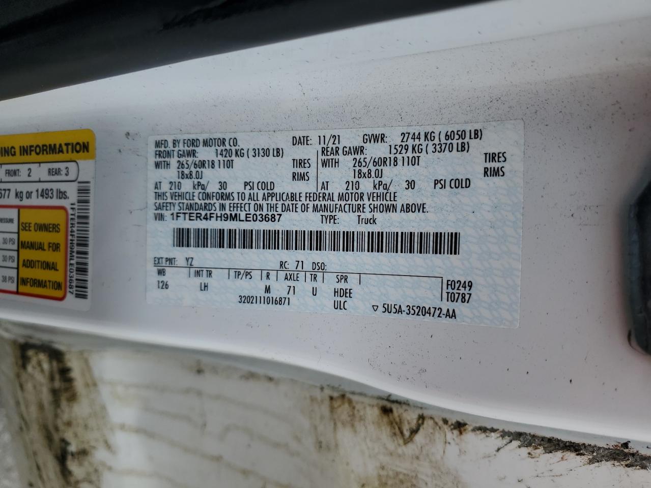 2021 Ford Ranger Xl VIN: 1FTER4FH9MLE03687 Lot: 59232715
