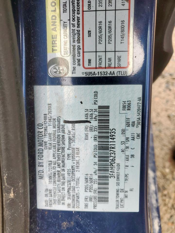 2007 Ford Fusion S VIN: 3FAHP06Z37R114935 Lot: 60927025