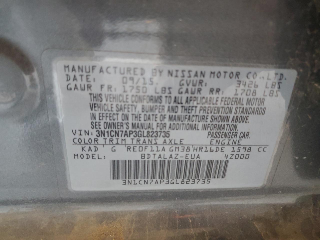 3N1CN7AP3GL823735 NISSAN VERSA 2016