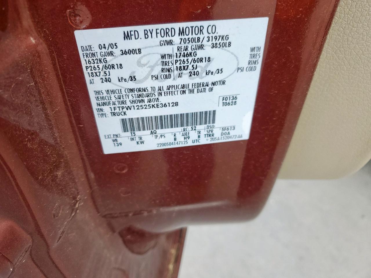 2005 Ford F150 Supercrew VIN: 1FTPW12525KE36128 Lot: 62026845