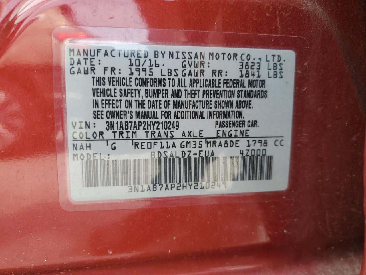 2017 Nissan Sentra S VIN: 3N1AB7AP2HY210249 Lot: 63042795