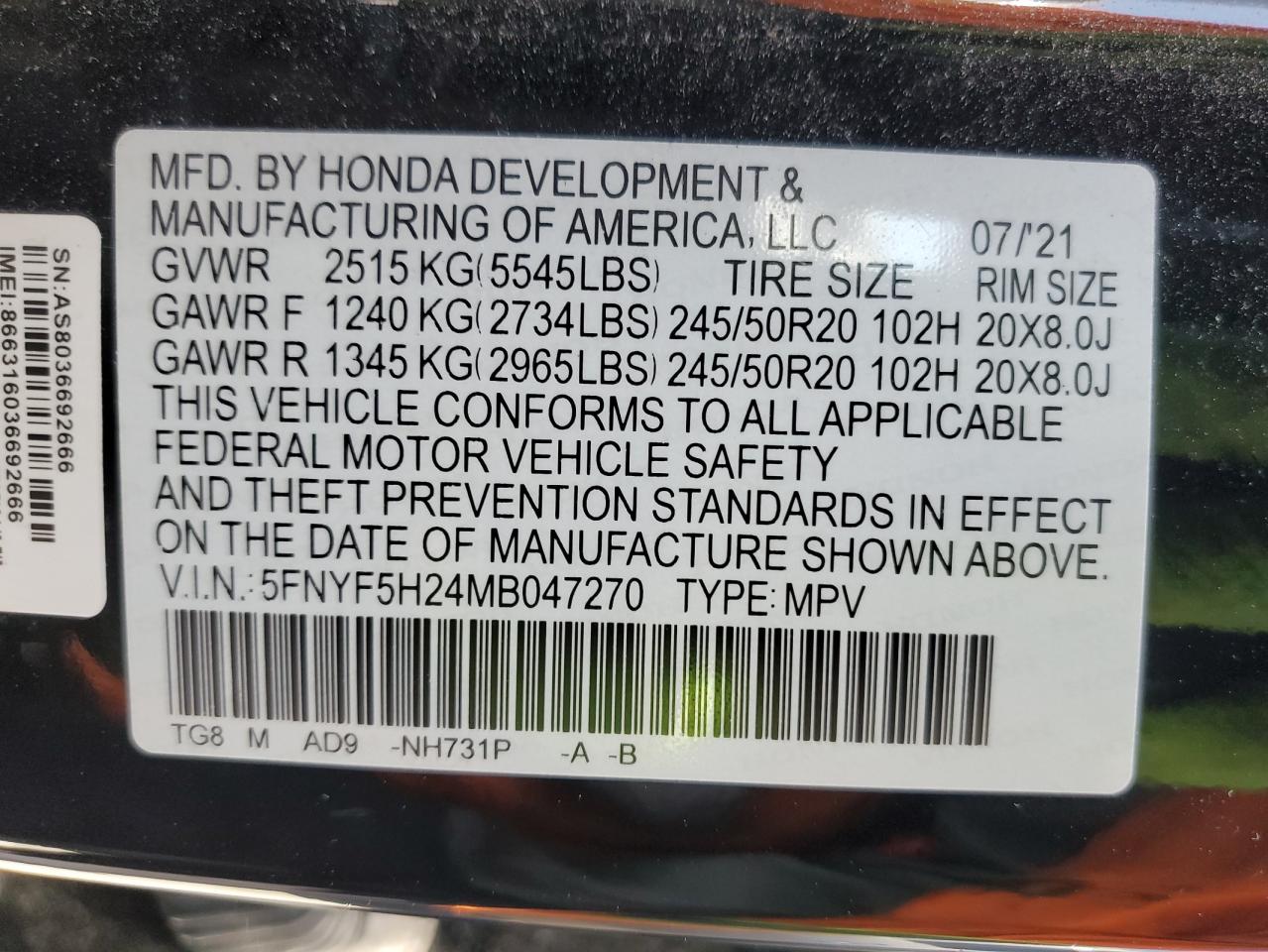 5FNYF5H24MB047270 HONDA PILOT 2021