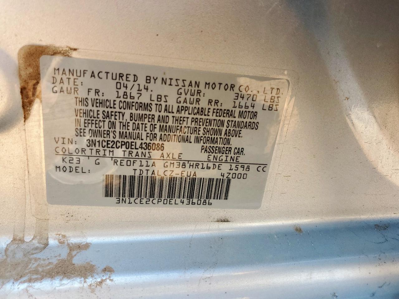 3N1CE2CP0EL436086 2014 Nissan Versa Note S