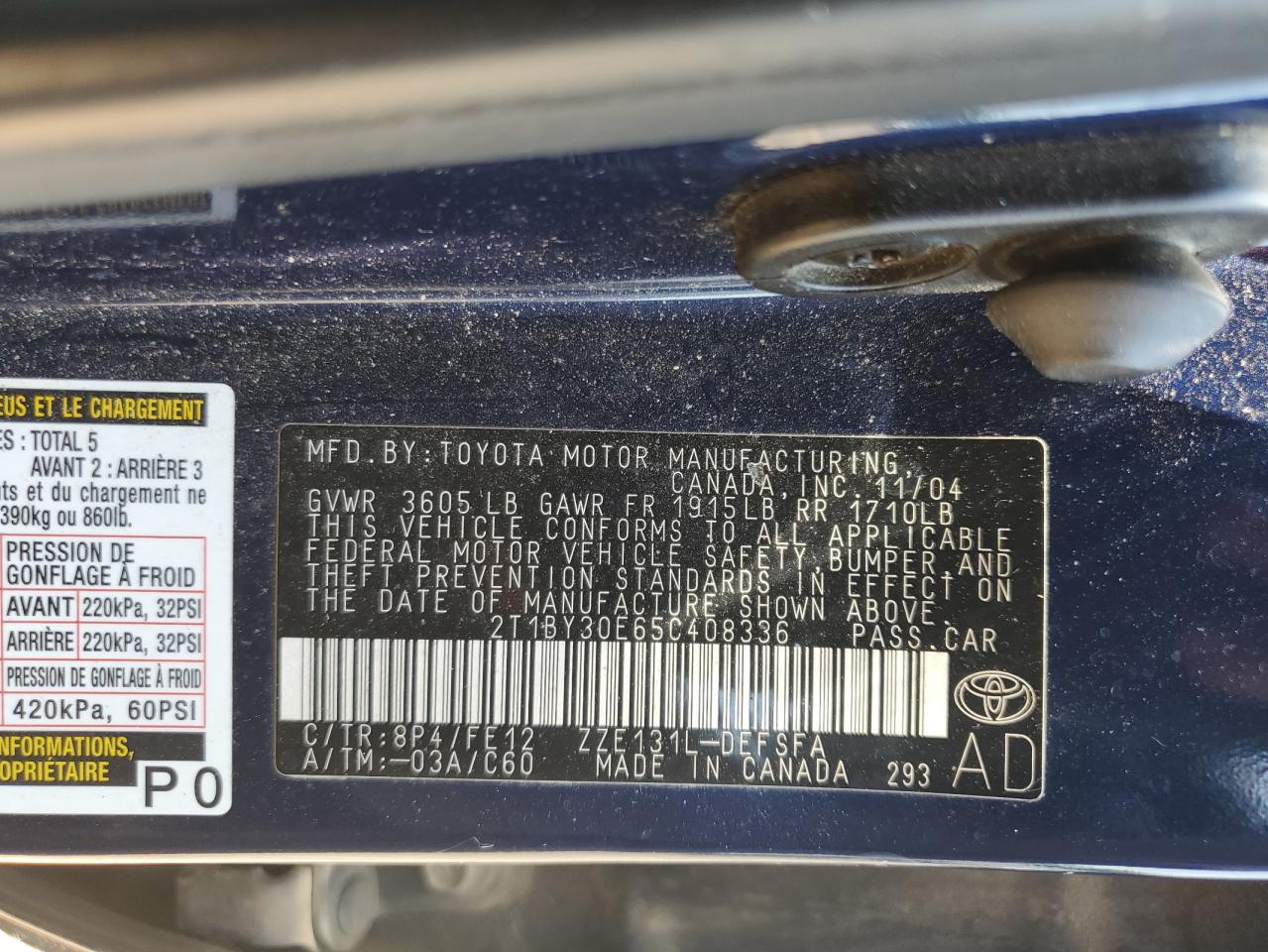 2005 Toyota Corolla Xrs VIN: 2T1BY30E65C408336 Lot: 62127375