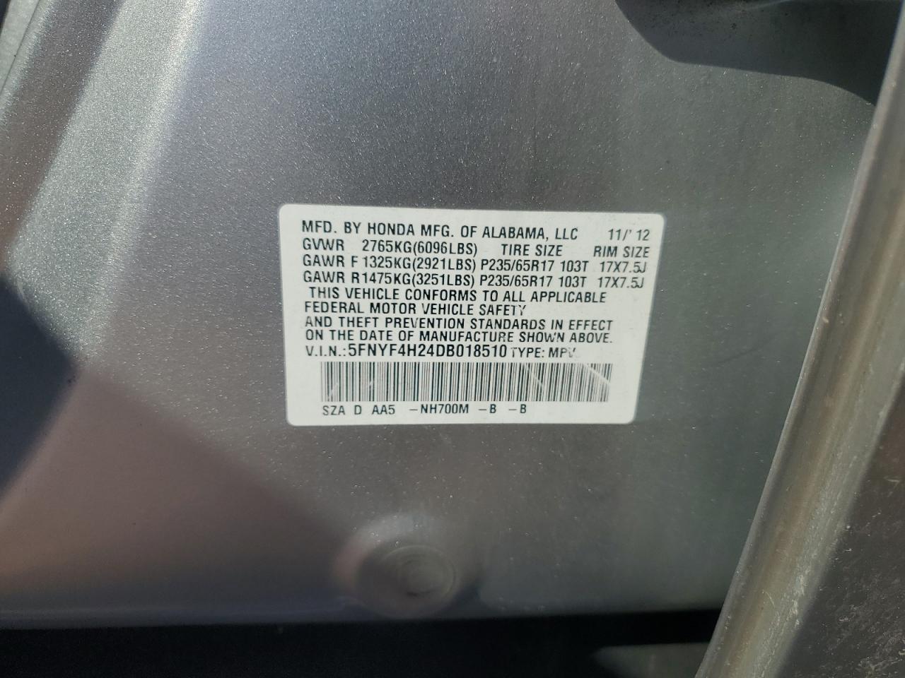 HONDA PILOT 2013 VIN 5FNYF4H24DB018510 фото 13