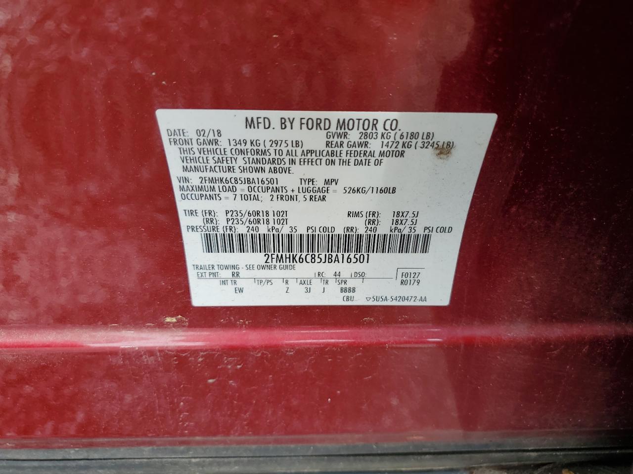 2FMHK6C85JBA16501 FORD FLEX 2018