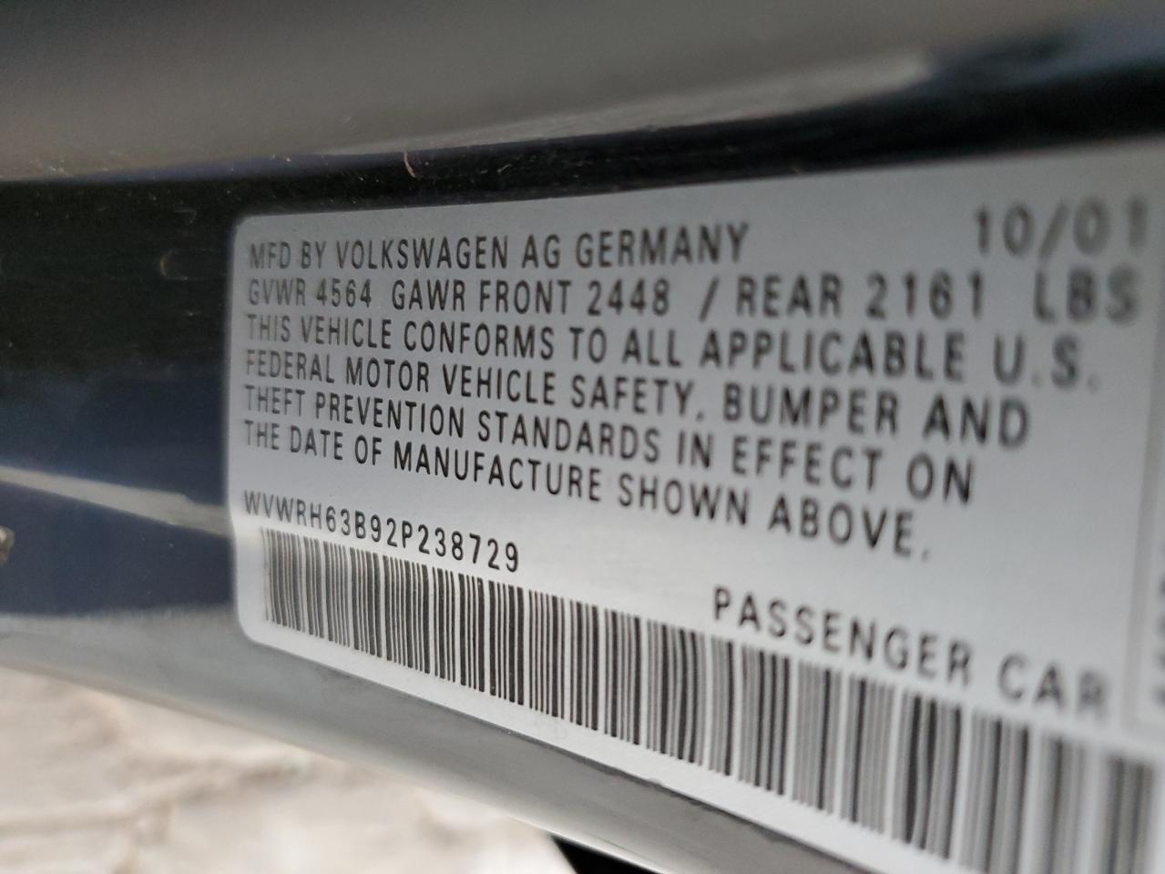 2002 Volkswagen Passat Glx VIN: WVWRH63B92P238729 Lot: 62514415