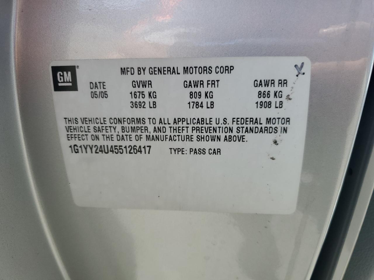 2005 Chevrolet Corvette VIN: 1G1YY24U455126417 Lot: 61257865