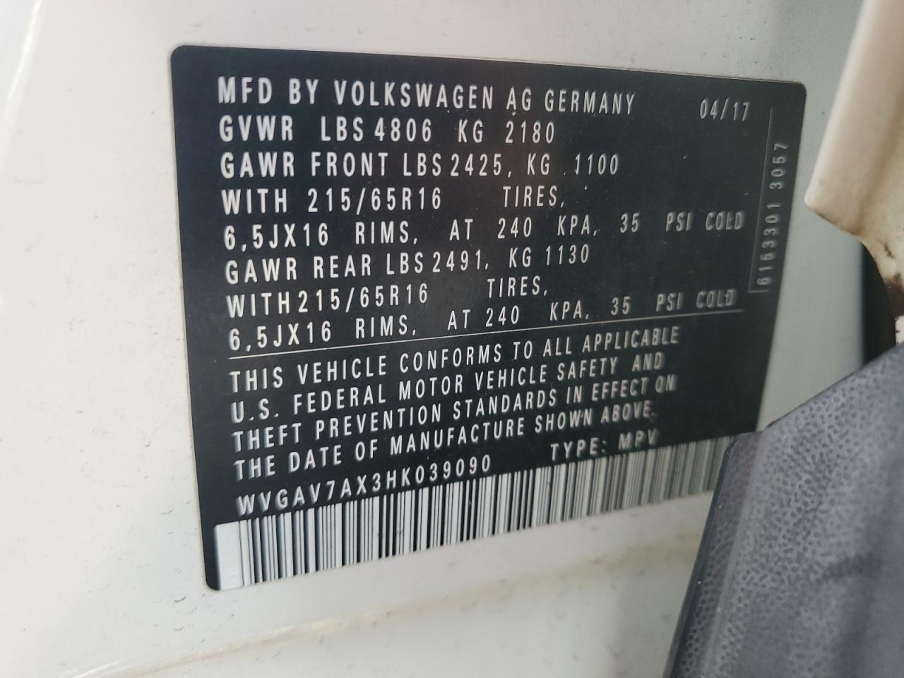 2017 Volkswagen Tiguan S VIN: WVGAV7AX3HK039090 Lot: 60723615