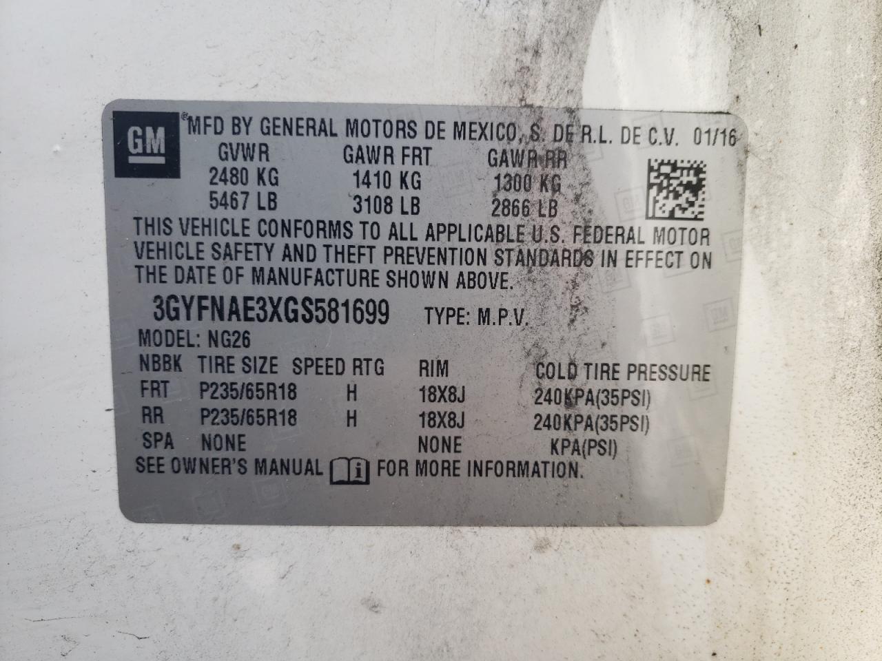 2016 Cadillac Srx VIN: 3GYFNAE3XGS581699 Lot: 60324015