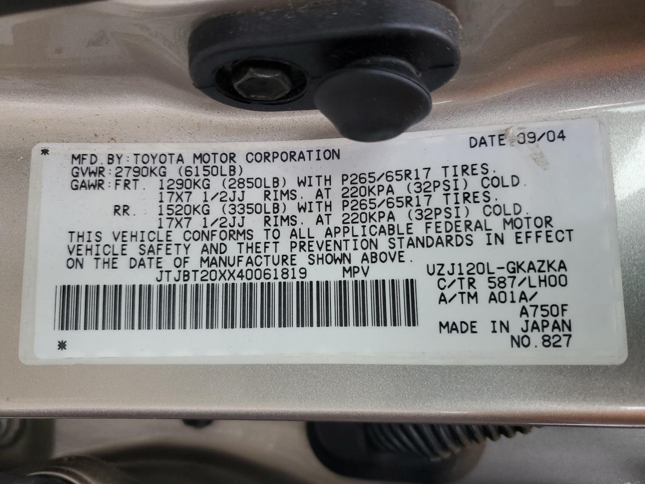 2004 Lexus Gx 470 VIN: JTJBT20XX40061819 Lot: 62179815