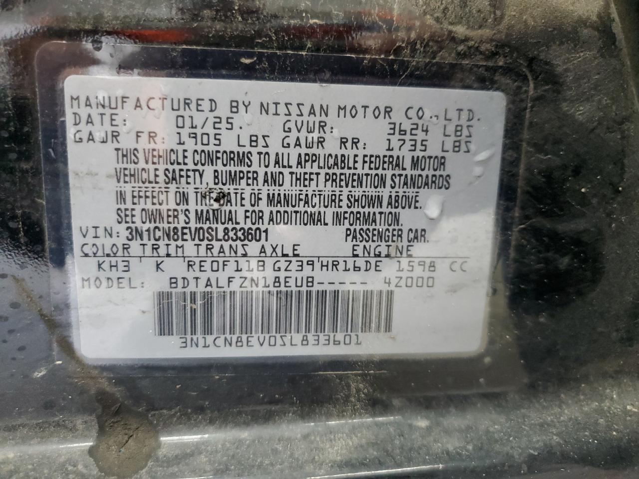 3N1CN8EV0SL833601 NISSAN VERSA 2025