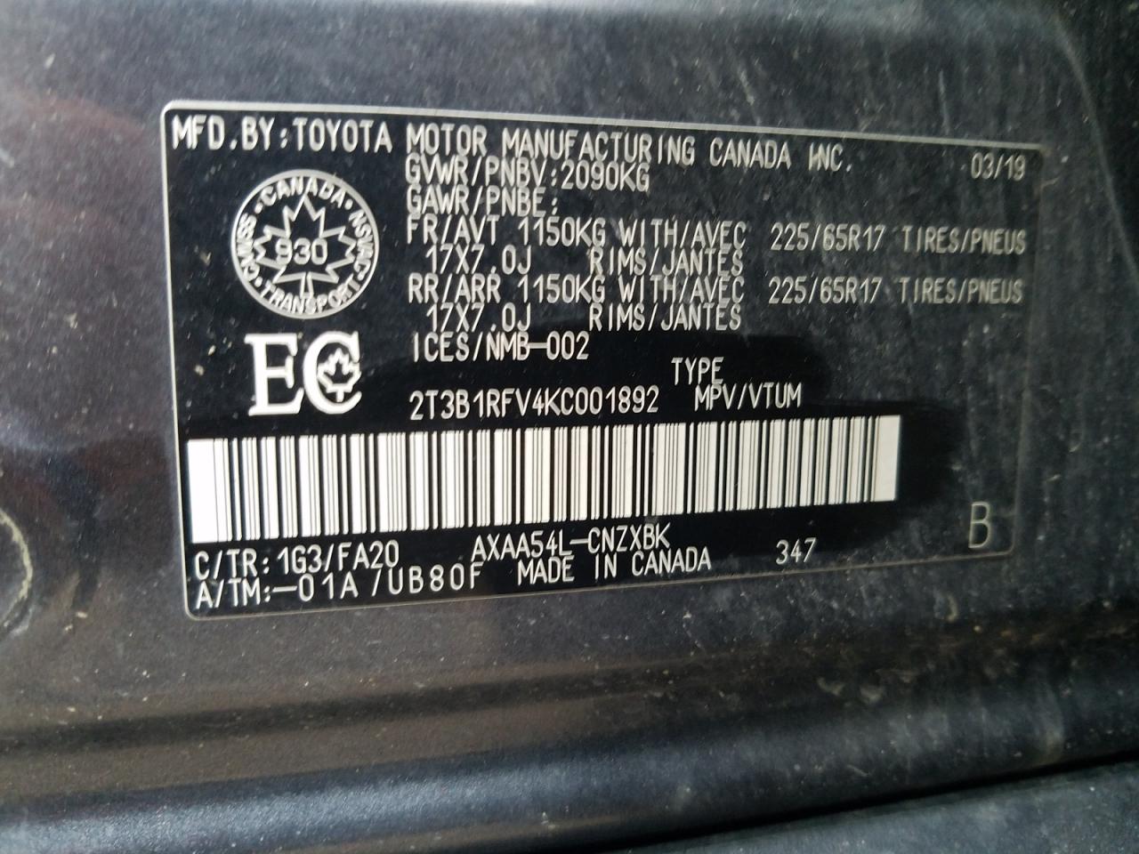 2T3B1RFV4KC001892 TOYOTA RAV4 2019