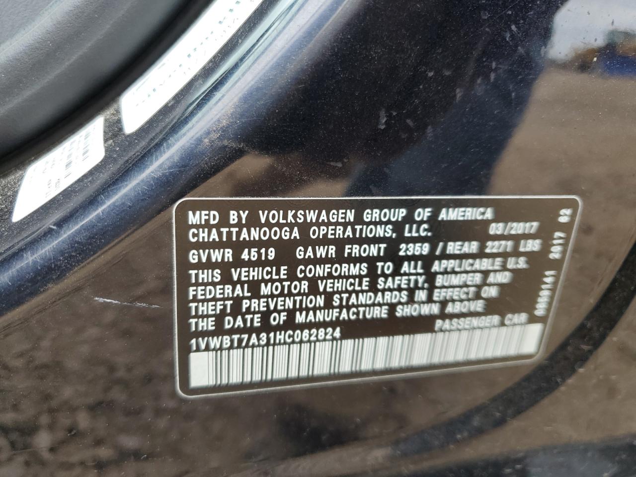 2017 Volkswagen Passat Se VIN: 1VWBT7A31HC062824 Lot: 62300845