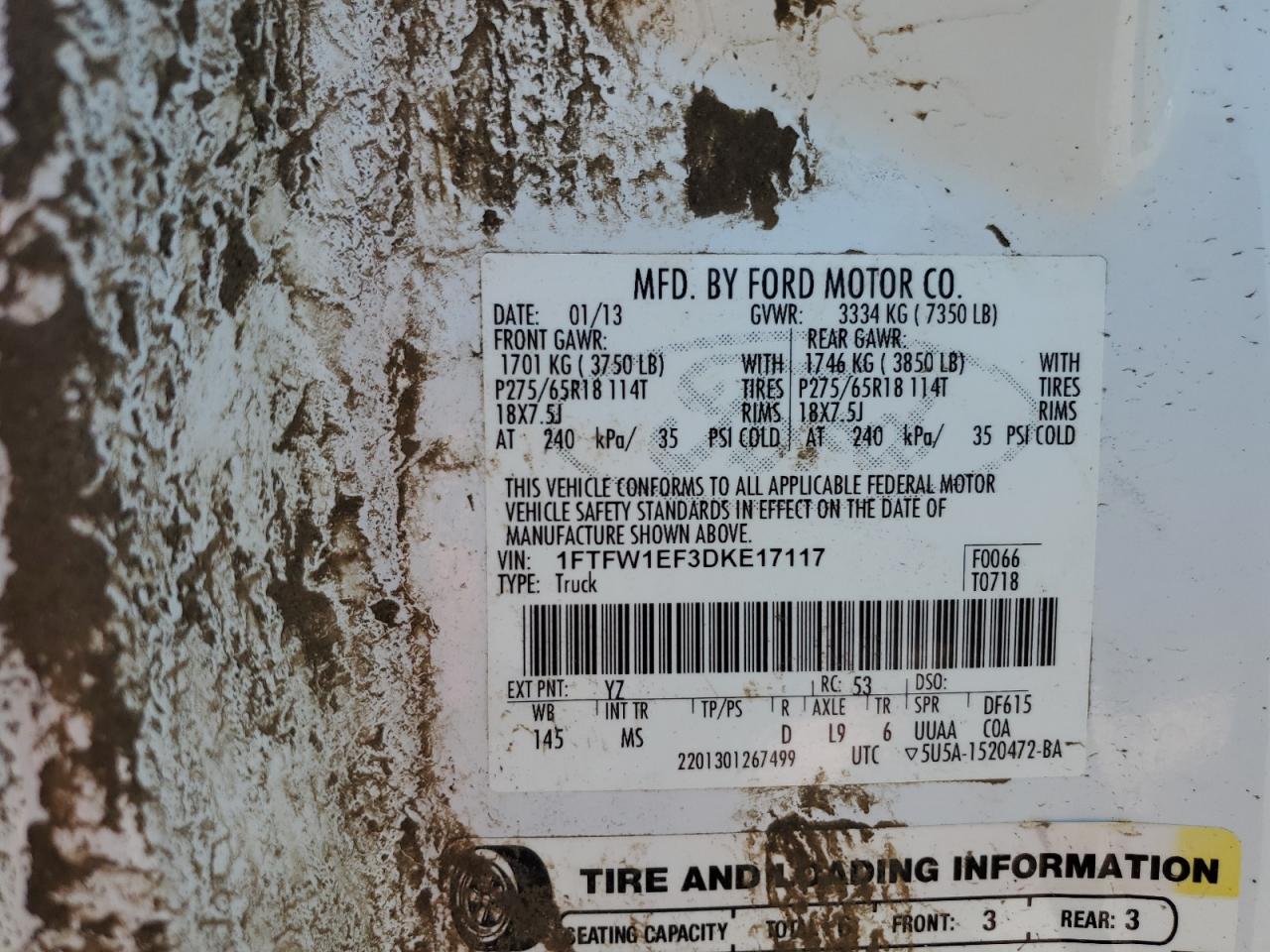 2013 Ford F150 Supercrew VIN: 1FTFW1EF3DKE17117 Lot: 60074425