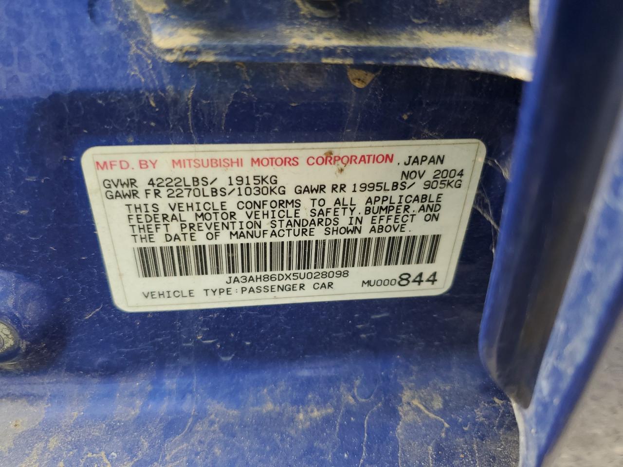 2005 Mitsubishi Lancer Evolution VIN: JA3AH86DX5U028098 Lot: 59423465