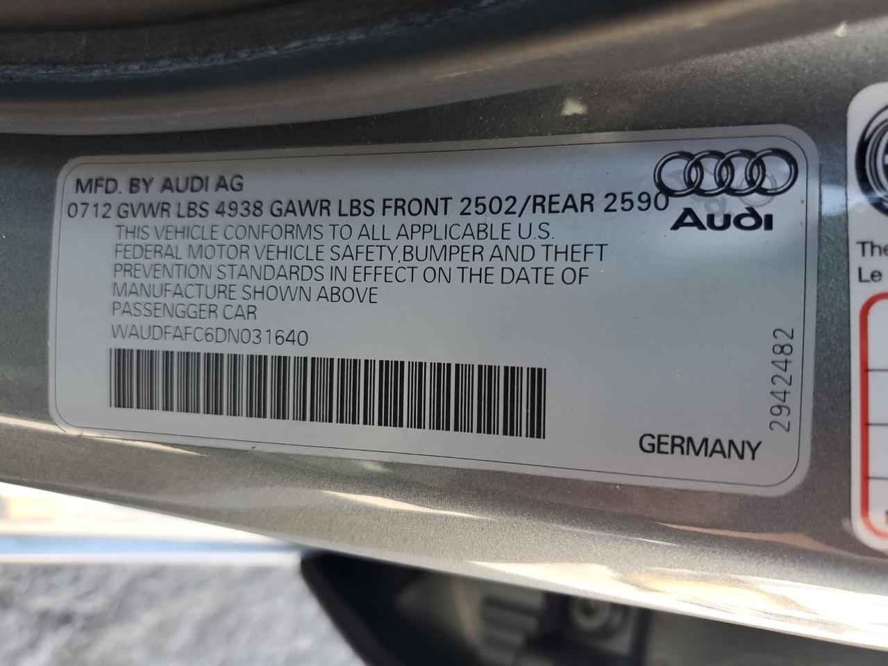 2013 Audi A6 Premium Plus VIN: WAUDFAFC6DN031640 Lot: 63035185