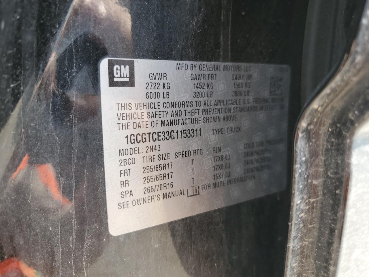 1GCGTCE33G1153311 CHEVROLET COLORADO 2016