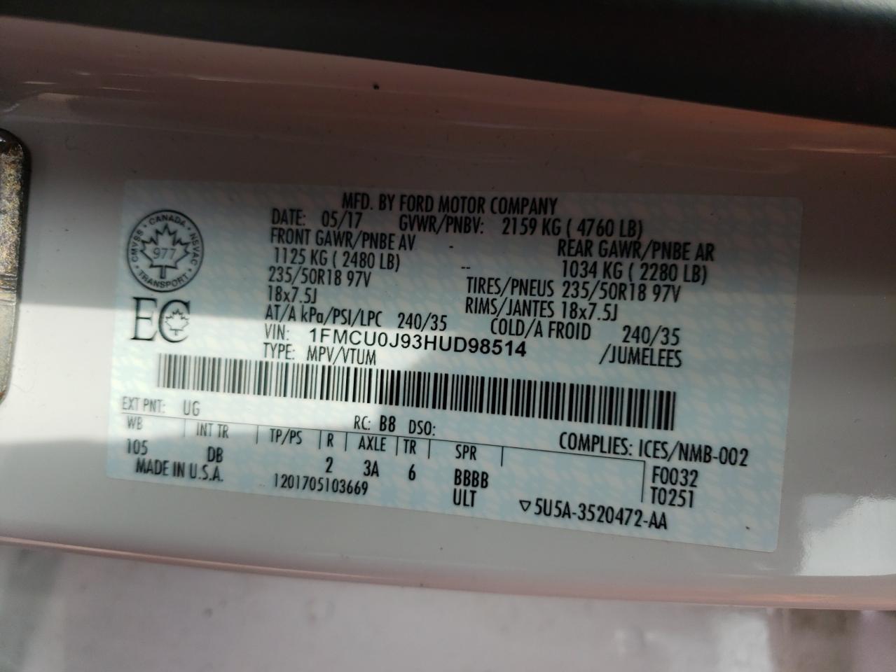 1FMCU0J93HUD98514 FORD ESCAPE 2017