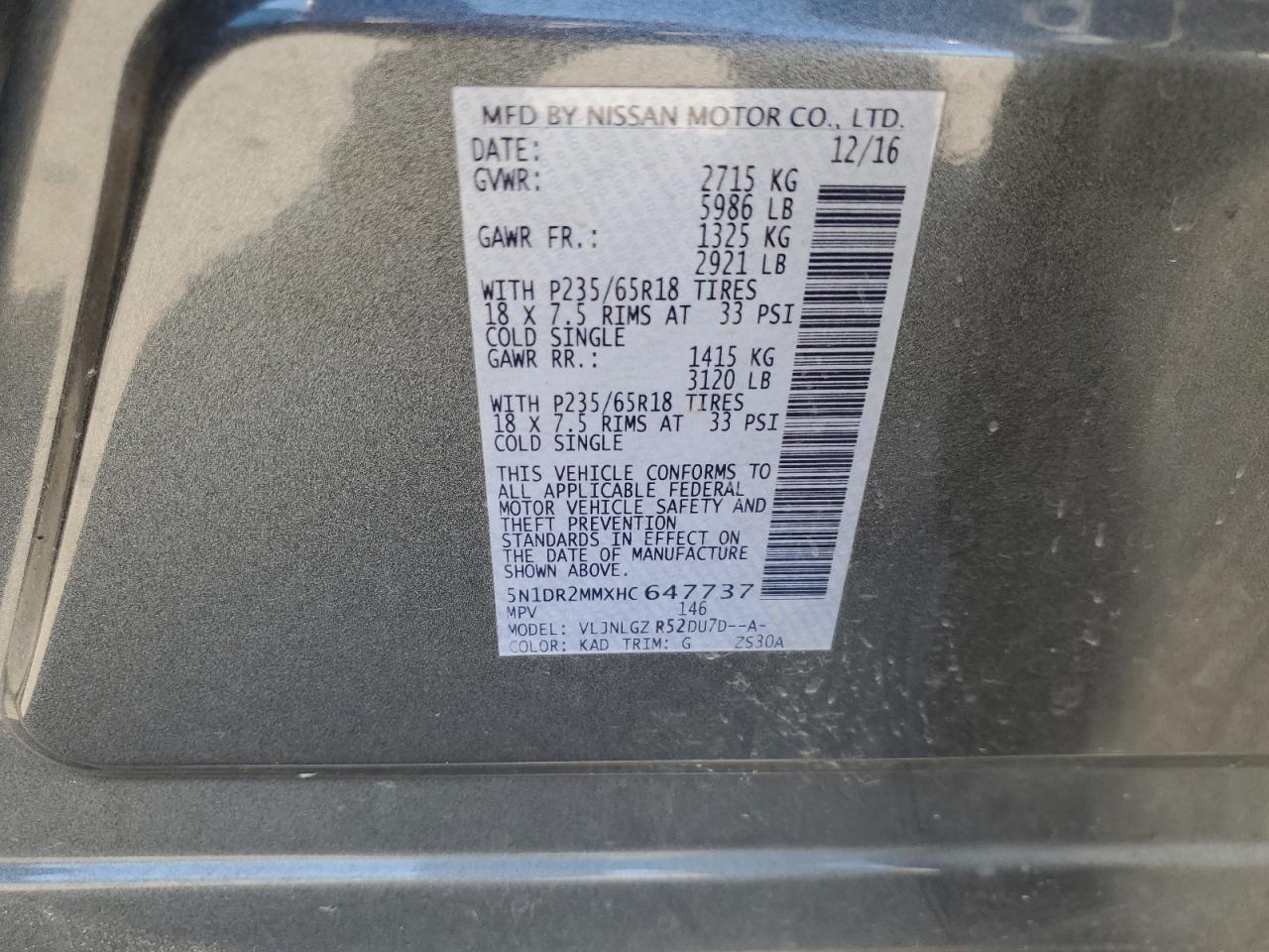 2017 Nissan Pathfinder S VIN: 5N1DR2MMXHC647737 Lot: 61847995