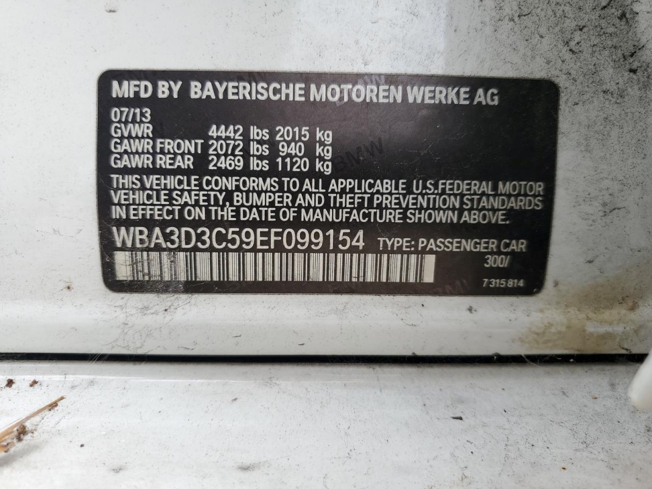 2014 BMW 328 D VIN: WBA3D3C59EF099154 Lot: 59041545