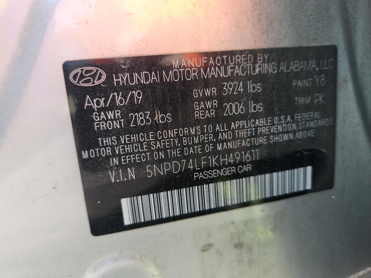 2019 Hyundai Elantra Se VIN: 5NPD74LF1KH491611 Lot: 62952135