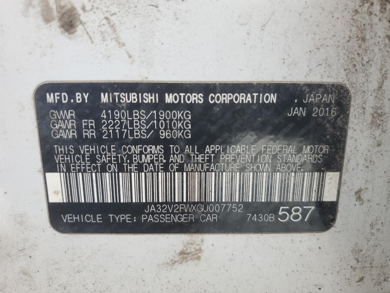 2016 Mitsubishi Lancer Es VIN: JA32V2FWXGU007752 Lot: 61024415