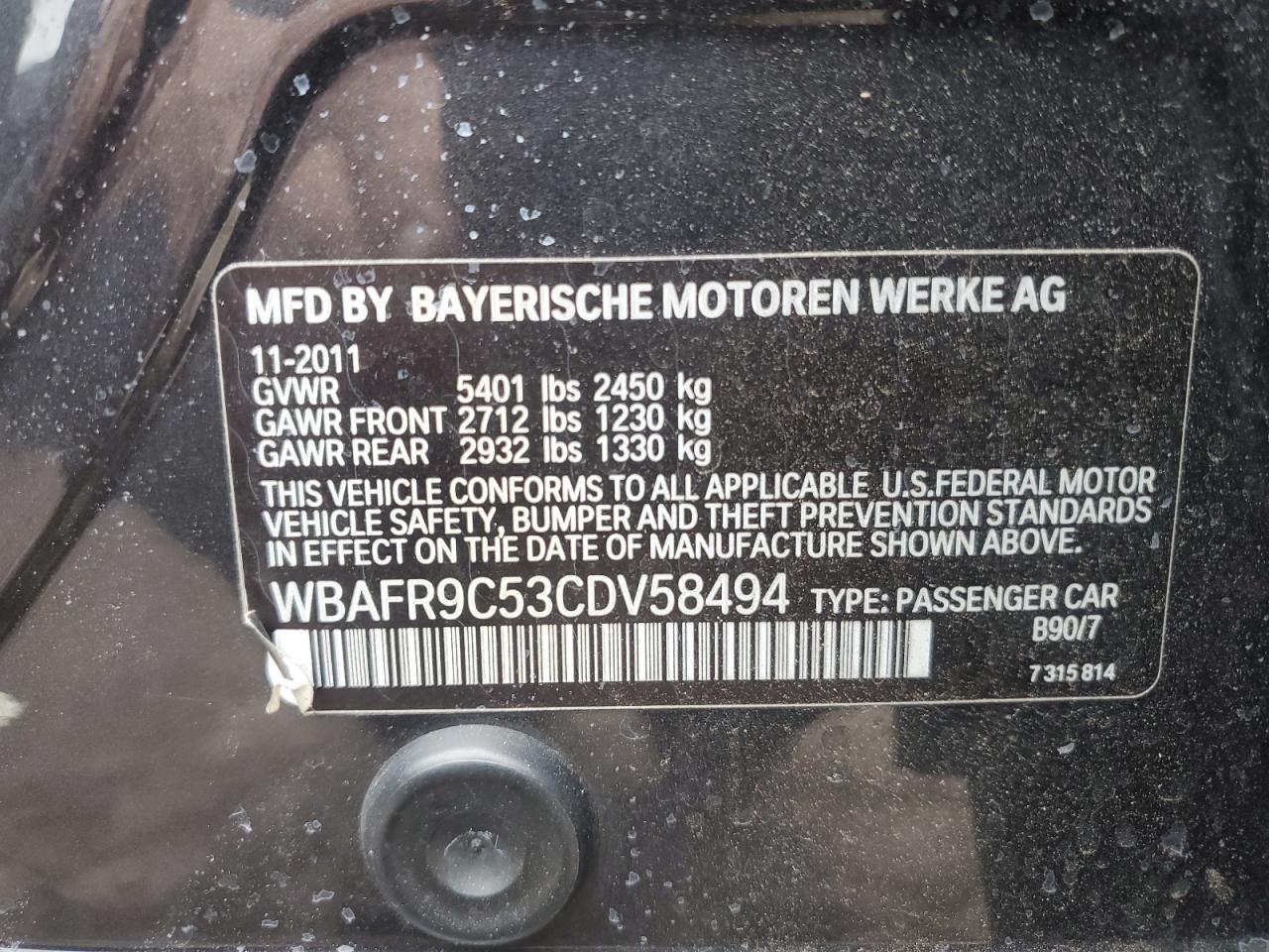 2012 BMW 550 I VIN: WBAFR9C53CDV58494 Lot: 61587265