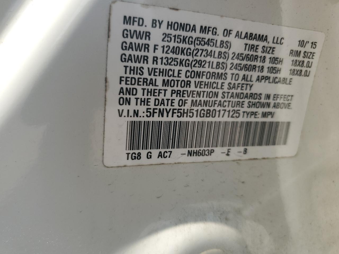 5FNYF5H51GB017125 HONDA PILOT 2016