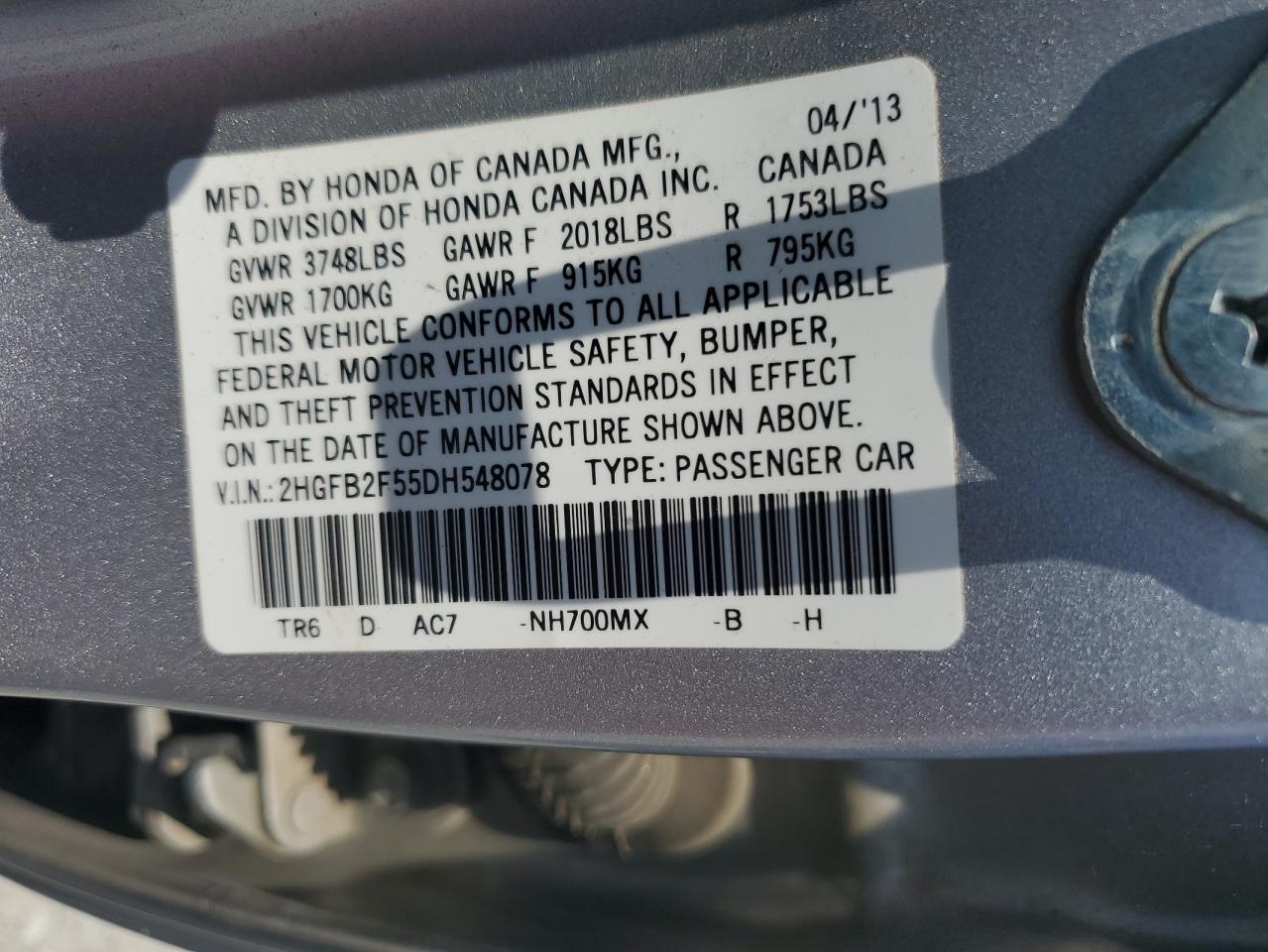 HONDA CIVIC 2013 VIN 2HGFB2F55DH548078 фото 13