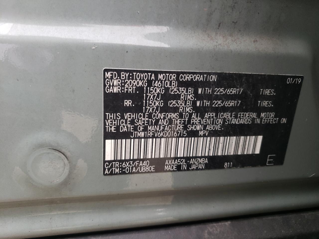 JTMW1RFV6KD016715 TOYOTA RAV4 2019