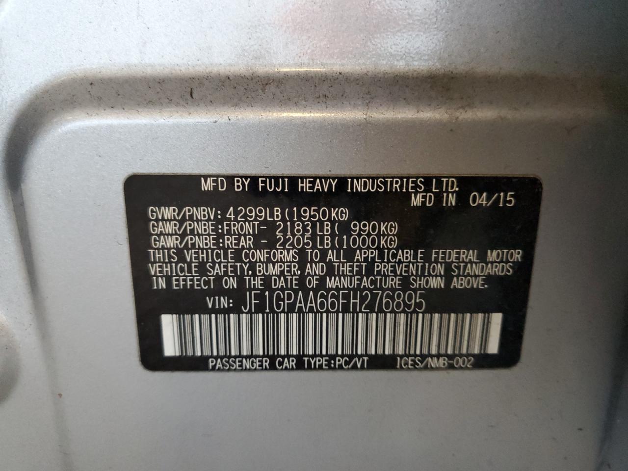 2015 Subaru Impreza VIN: JF1GPAA66FH276895 Lot: 62954665