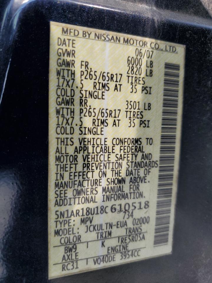 2008 Nissan Pathfinder S VIN: 5N1AR18U18C610518 Lot: 62060475