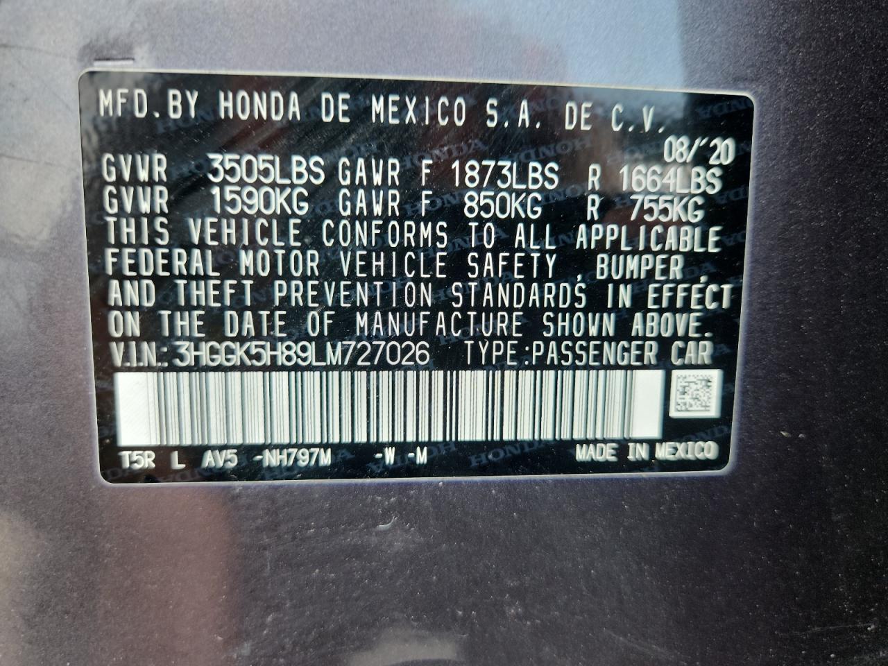 2020 Honda Fit Ex VIN: 3HGGK5H89LM727026 Lot: 62752985