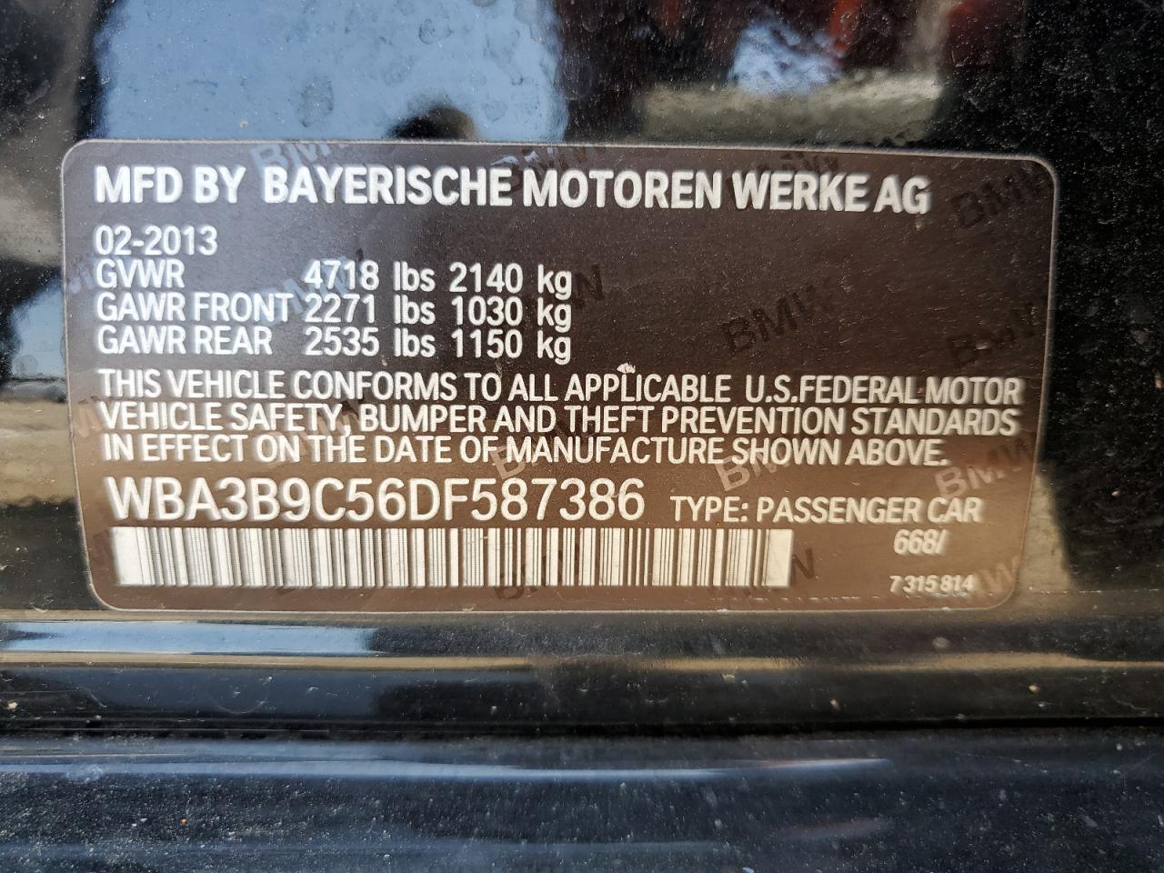 2013 BMW 335 Xi VIN: WBA3B9C56DF587386 Lot: 61445695