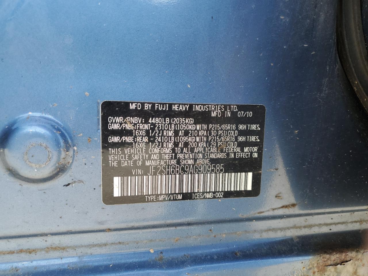 2010 Subaru Forester Xs VIN: JF2SH6BC9AG909585 Lot: 62223415