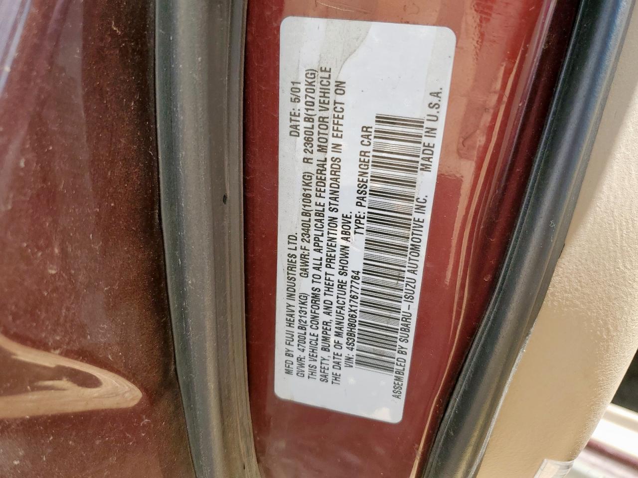 2001 Subaru Legacy Outback H6 3.0 Ll Bean VIN: 4S3BH806X17677764 Lot: 60053165