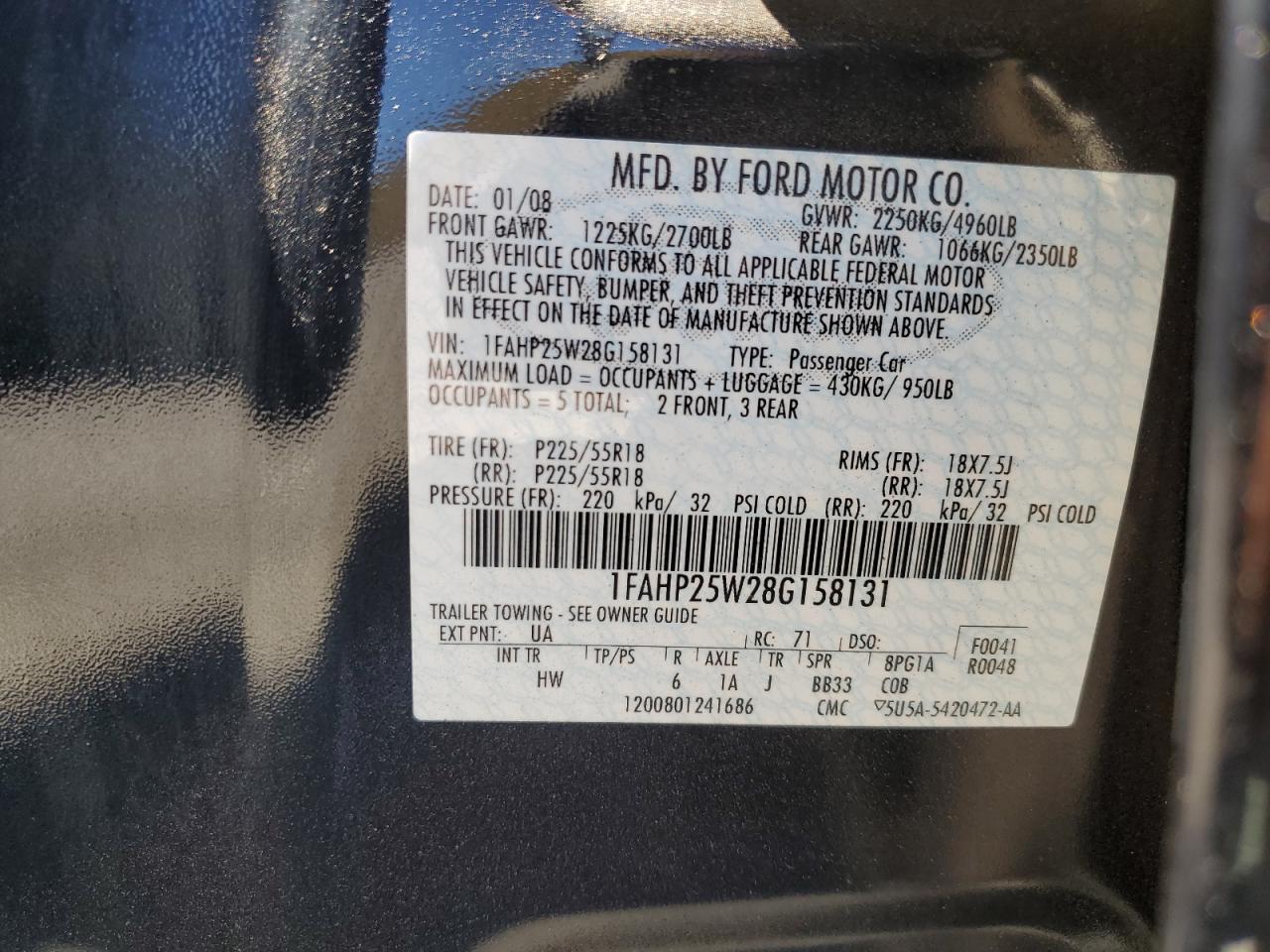 2008 Ford Taurus Limited VIN: 1FAHP25W28G158131 Lot: 62954635