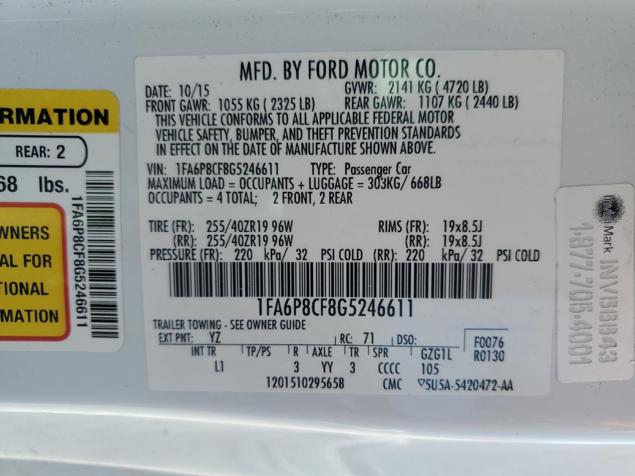 1FA6P8CF8G5246611 FORD MUSTANG 2016