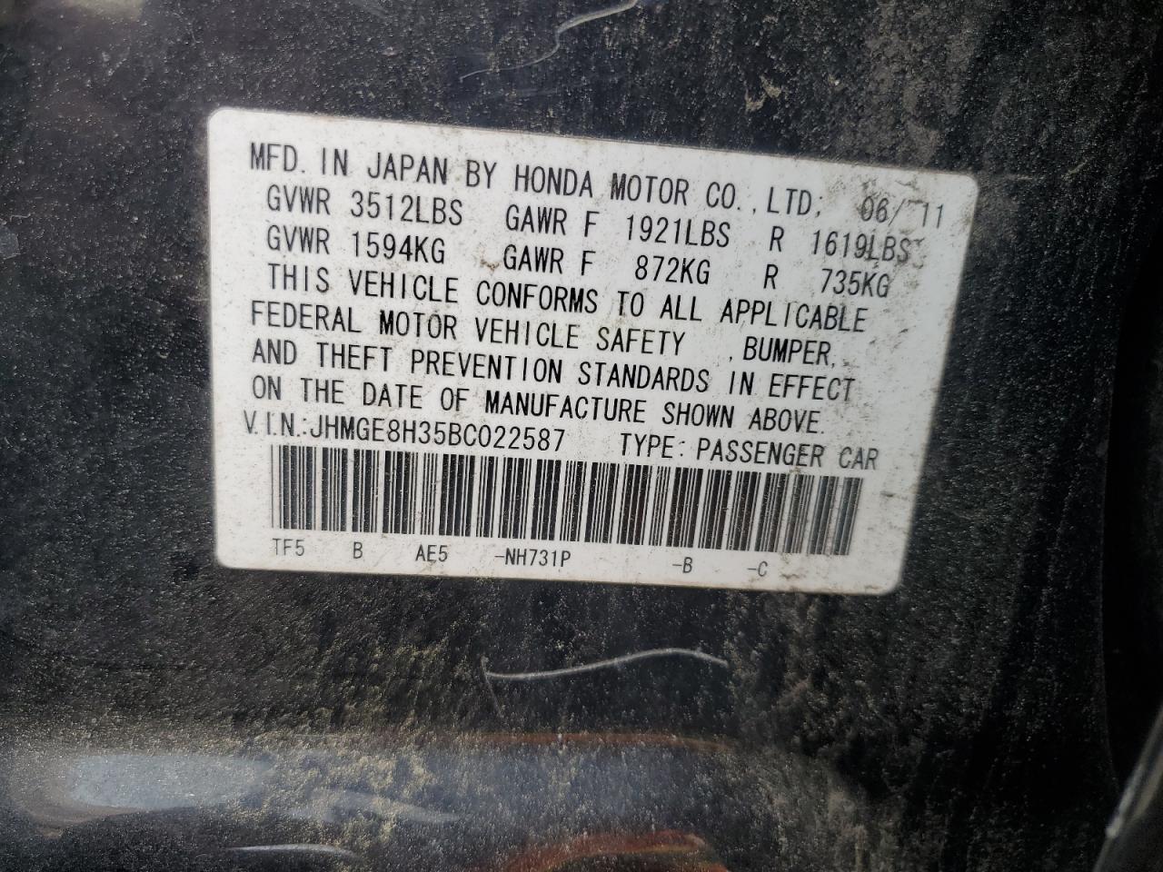 2011 Honda Fit VIN: JHMGE8H35BC022587 Lot: 60811795