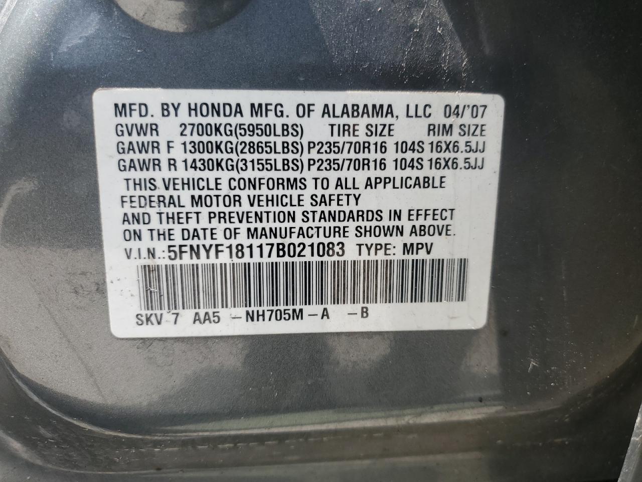 2007 Honda Pilot Lx VIN: 5FNYF18117B021083 Lot: 61234195