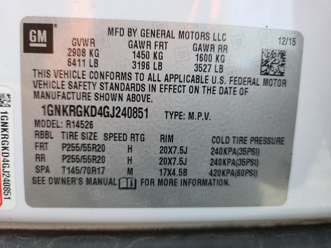 2016 Chevrolet Traverse Lt VIN: 1GNKRGKD4GJ240851 Lot: 62824275