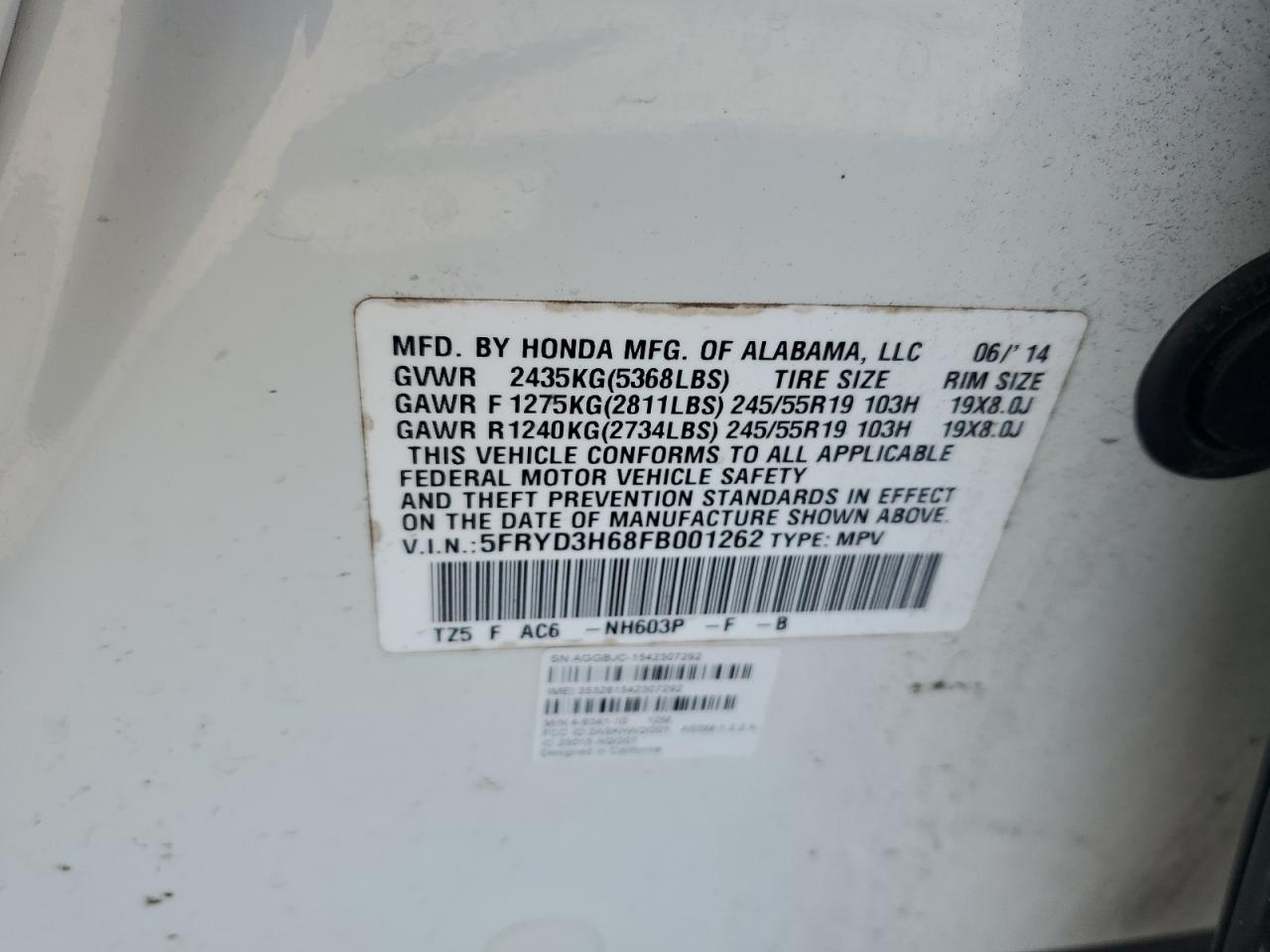 2015 Acura Mdx Technology VIN: 5FRYD3H68FB001262 Lot: 62733485