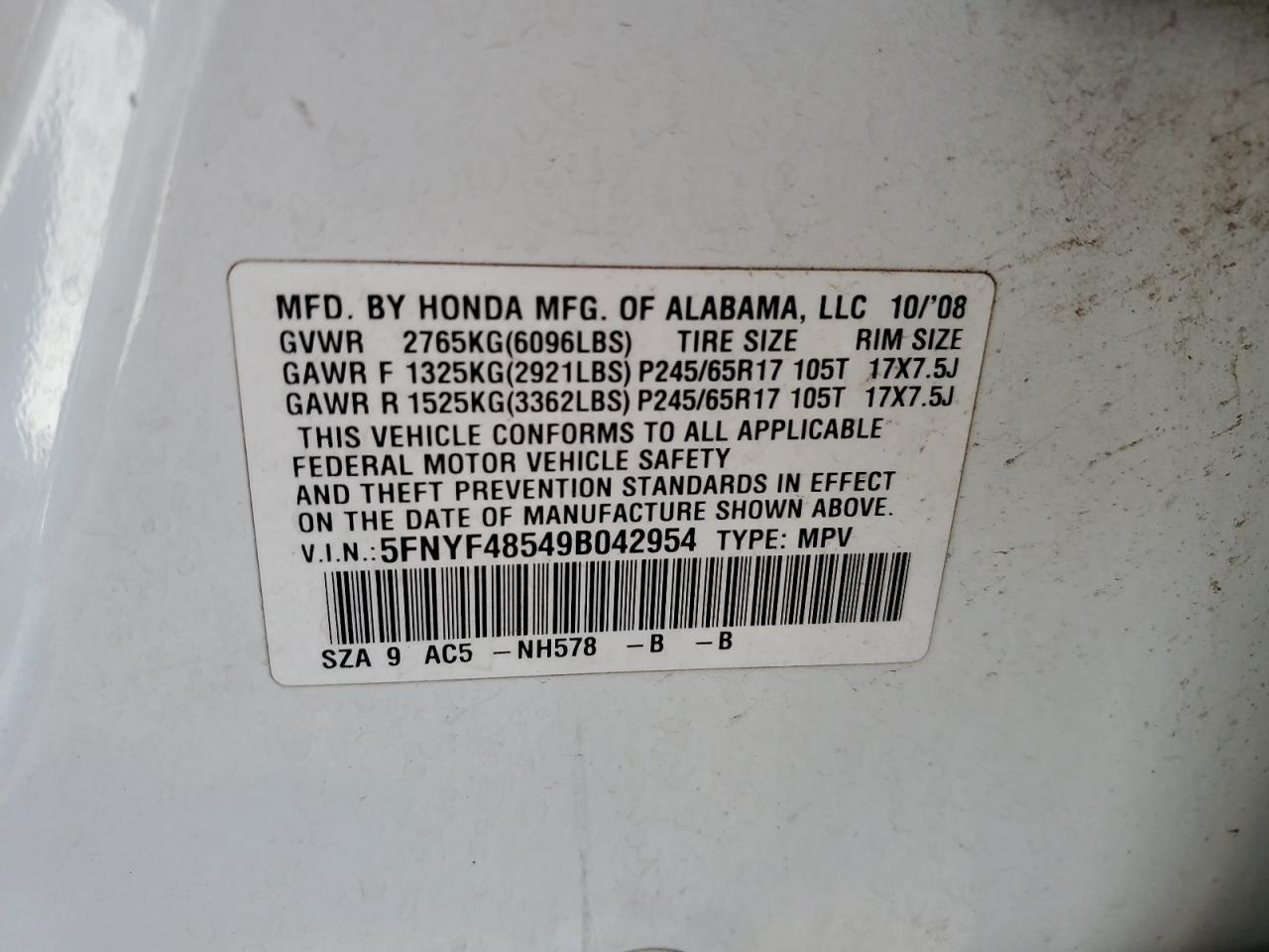 2009 Honda Pilot Exl VIN: 5FNYF48549B042954 Lot: 62682385