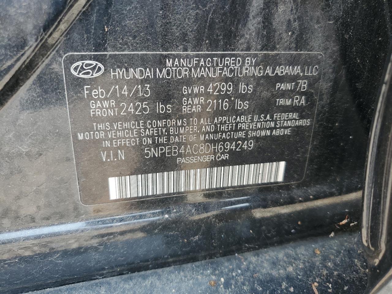 HYUNDAI SONATA 2013 VIN 5NPEB4AC8DH694249 zdjęcie 12