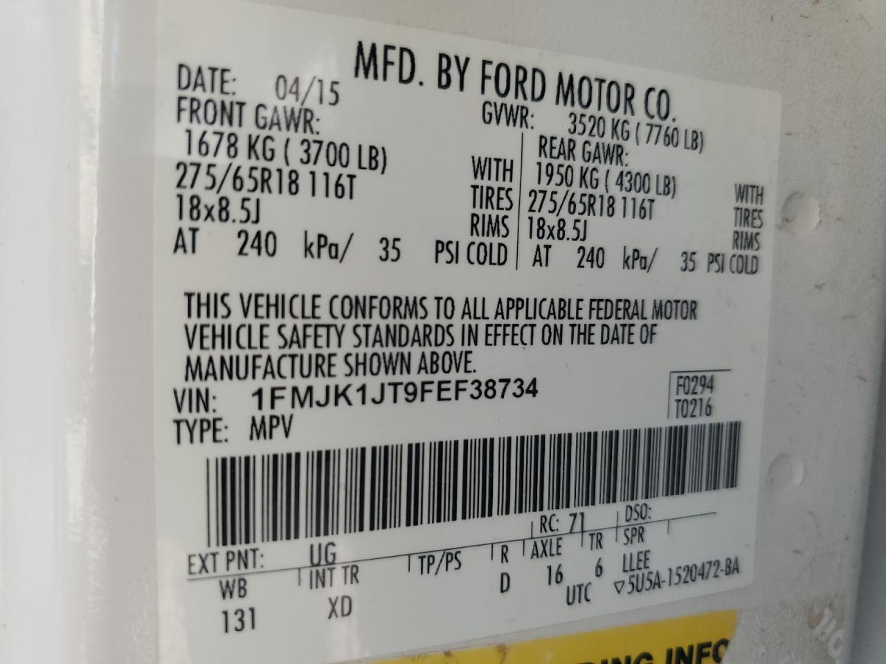 FORD EXPEDITION 2015 VIN 1FMJK1JT9FEF38734 photo 14